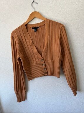 Forever 21 Ribbed V-Neck Cardigan Camel Brown